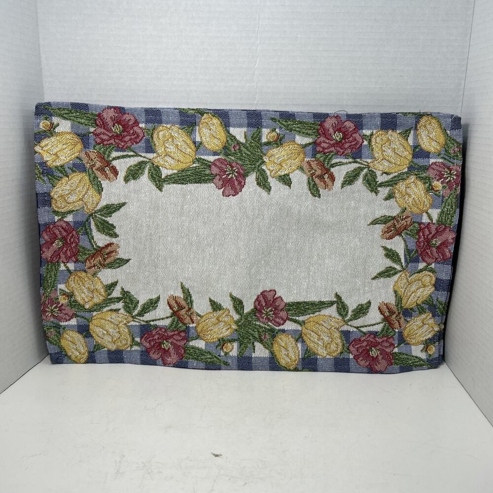Tulip Flowers Blue White Checked Border Woven Tapestry 19"x12.5" Placemats Qty 4